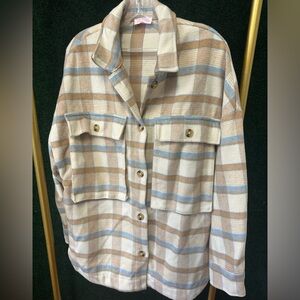 Pink lily , brown blue and cream plaid oversized shacket , L fits like XL